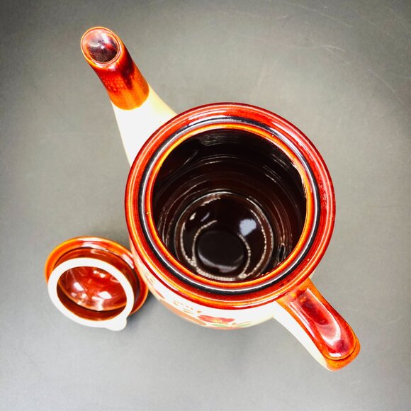 Vintage 70s Rooster Red Poppies Teapot Coffee Pot: Retro Farmhouse Kitchen Decor - Picture 6 of 12